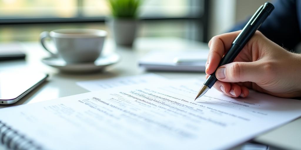 A legal professional reviewing a document with highlighting and notes